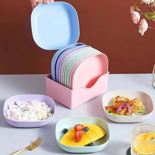 6 Pcs Plates With Stand, Multi-function Dish,Square Lightweight Wheat Straw Plates, Deep Dinner Dishes